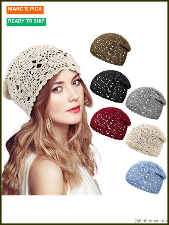 6 Cotton Crochet Beanies for Women Slouchy Knit Skull Cap Floral main image 6